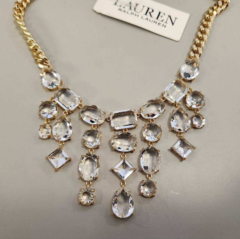 NWT Ralph Lauren Gold-Tone Crystal Dangle 16" Statement Necklace